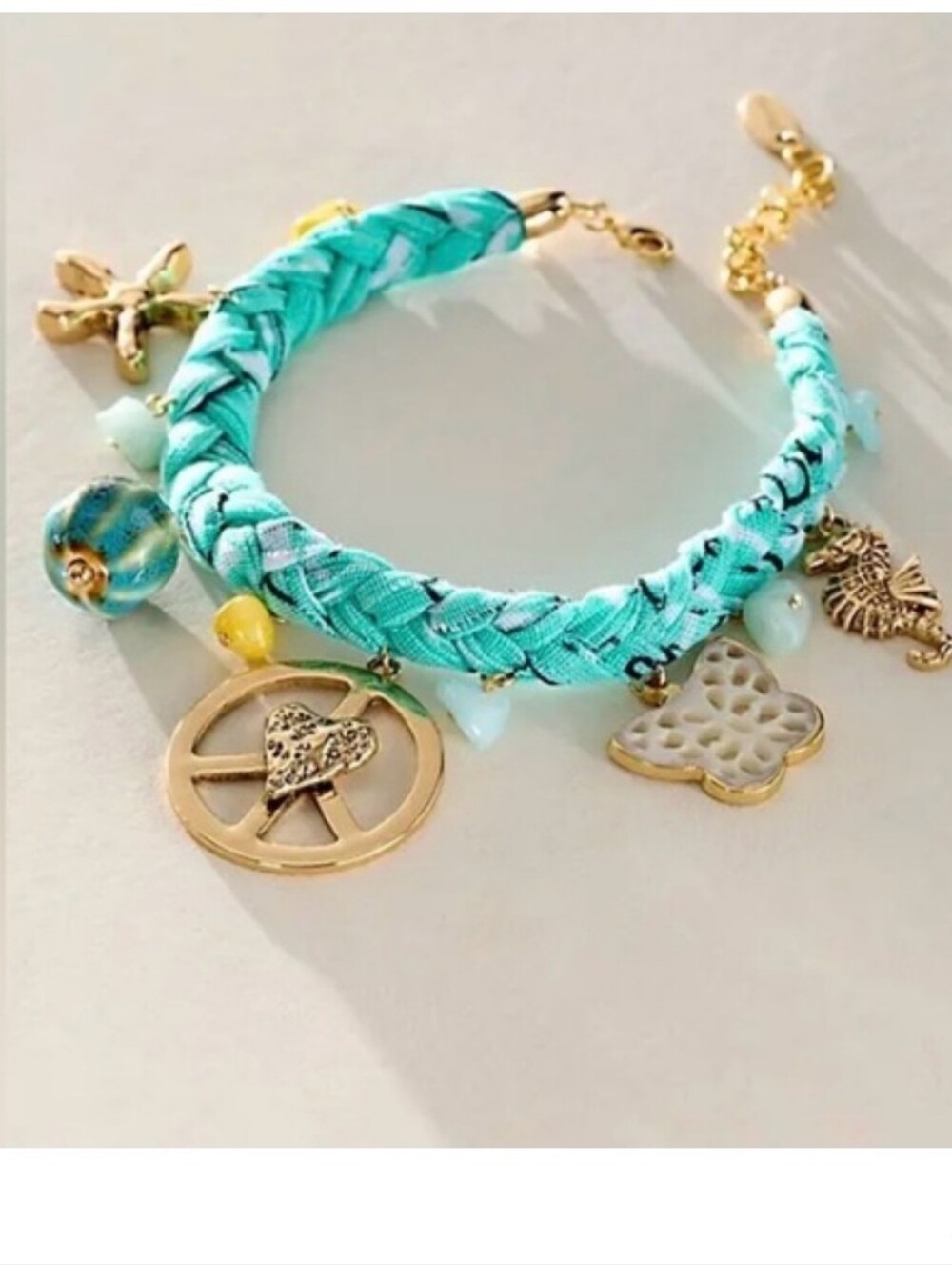 Free People Sky Teal Braided Charm Anklet/Bracelet with Gold-Tone Accents